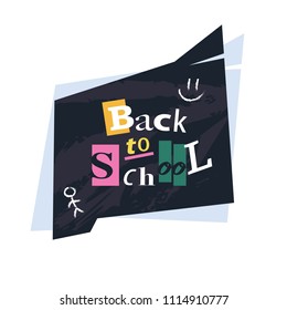 Back to school. Greeting card design. Vector elements. Colorful cartoon banner with blackboard