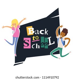 Back to school. Greeting card design. Vector elements. Colorful cartoon banner with happy school kids or students