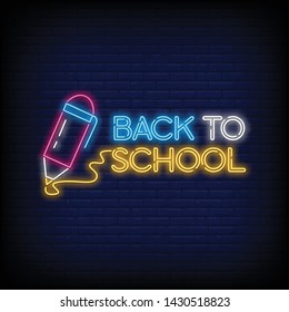Back to School greeting card design template neon vector with a Brick Wall Background. Back to School for greeting card  invitation poster. Vector Illustration