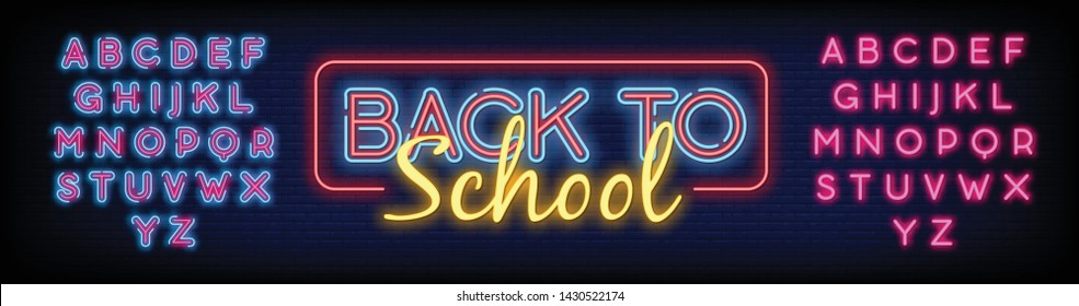 Back to School greeting card design template neon vector with a Brick Wall Background. Back to School for greeting card  invitation poster. Vector Illustration