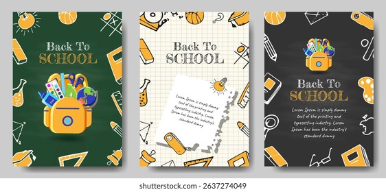 Back To School Greeting Card Design Set with Doodle School Icons, Bag with Supplies on Black or Green Chalkboard. Modern Trendy Welcome School Poster or Flyer for Sale, Invitation, Border, Cover, Web.