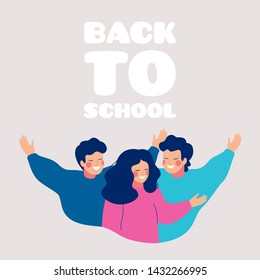 Back to school greeting card with happy children embracing each other. Smiling school friends hugging together, waving hands.