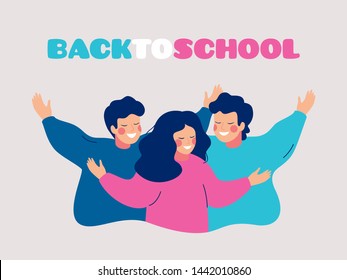 Back to school greeting card with happy children embracing each other. Smiling school friends hugging together, waving hands. Vector