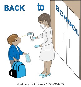 Back to School greeting card. Nurse is measuring pupil's body temperature with distance thermometer. New normal during pandemic. 
