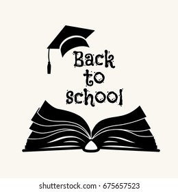 Back to school greeting card with open book, back to school text, hat. Vector illustration. All objects isolated
