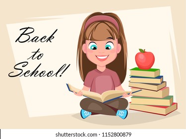 Back to School greeting card, poster or flyer. Cute girl sitting and reading book, cartoon character. Vector illustration