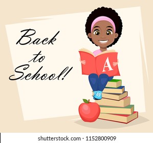 Back to School greeting card, poster or flyer. Cute African American girl sitting and reading book, cartoon character. Vector illustration