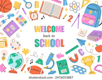 Back to school greeting card with school supplies. Vector illustration in flat style