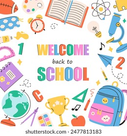 Back to school greeting card with school supplies. Vector illustration in flat style