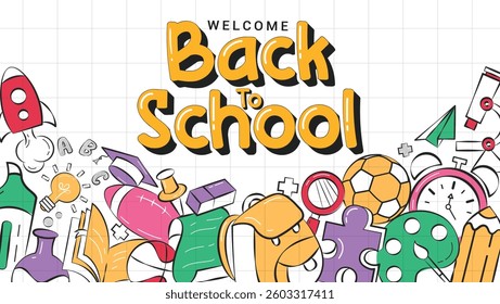 Back to school greeting clipart background design. Welcome back to school greeting text clip art in grid space background with colorful educational drawing elements banner concept vector illustration.