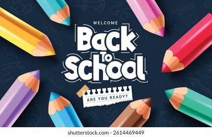 Back to school greeting clipart background design. School text clip art with colorful color pencil educational drawing elements in blue doodle background banner template vector illustration.
