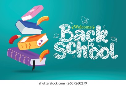 Back to school greeting clipart banner design. Welcome back to school greeting clip art banner card template in green background with colorful drawing textbook and color pencil educational elements 