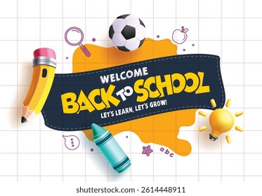 Back to school greeting clipart banner design. Welcome back to school text in rectangle shape grid yellow abstract background clip art with educational elements vector illustration.
