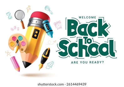 Back to school greeting clipart banner design. School typography text in simple white background template clip art with pencil educational writing elements vector illustration.

