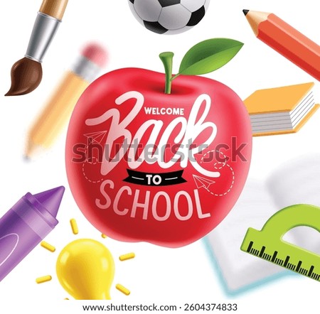 Back to school greeting clipart design. Welcome back to school text in apple concept clip art educational elements with crayons, ruler, pencil and brush 3d items vector illustration. 
