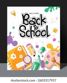 Back to school greeting clipart poster design. Welcome back to school text clip art with flat educational elements like notebook, highlighter, pencil and marker in grid space watercolor background 