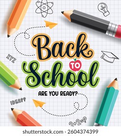 Back to school greeting clipart poster. School greeting in grid background with colorful color pencil educational items clip art vector illustration.  

