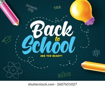 Back to school greeting clipart poster. Back to school greeting in chalkboard background with colorful educational items clip art vector illustration. 