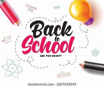 Back to school greeting clipart poster. Back to school greeting in paper grid pattern background with colorful educational items clip art vector illustration. 