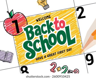 Back to school greeting clipart template. School calendar drawing clip art design with yellow sketch date reminder for first day of school vector illustration.  
