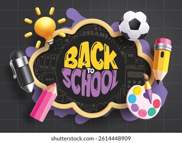Back to school greeting clipart template design. School greeting text clip art in black cloud space and grid lines background with 3d educational elements vector illustration.

