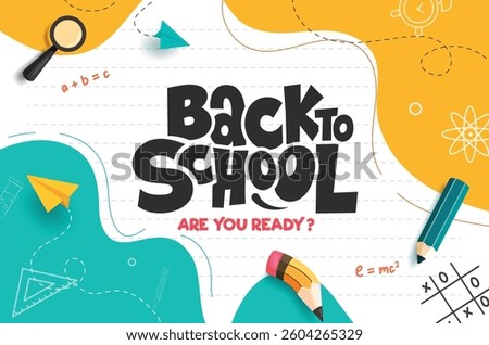 Back to school greeting clipart template. School educational drawing clipart in paper abstract background with learning tools, supplies and items vector illustration. 
