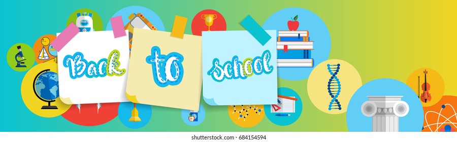 Back To School Greeting Colorful Banner With Studing Supplies Flat Vector Illustration