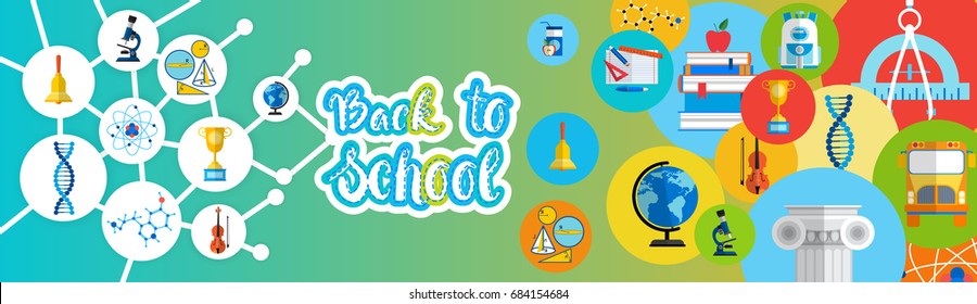 Back To School Greeting Colorful Banner With Studing Supplies Flat Vector Illustration