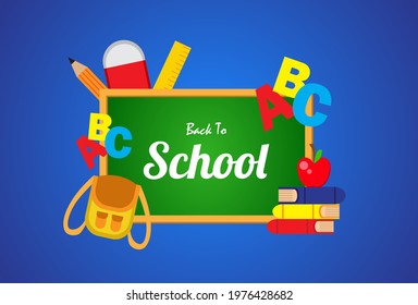 back to school greeting design on blue background. school equipment illustration.