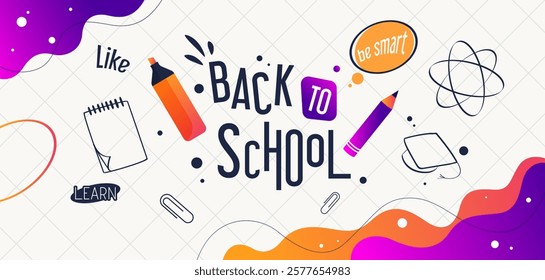 Back to school greeting design template with graduation cap elements and lineart and solid style stationery. educational background. time to go back to school