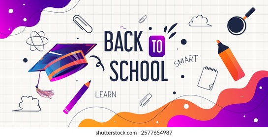 Back to school greeting design template with graduation cap elements and lineart and solid style stationery. educational background. time to go back to school