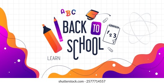 Back to school greeting design template with graduation cap elements and lineart and solid style stationery. educational background. time to go back to school