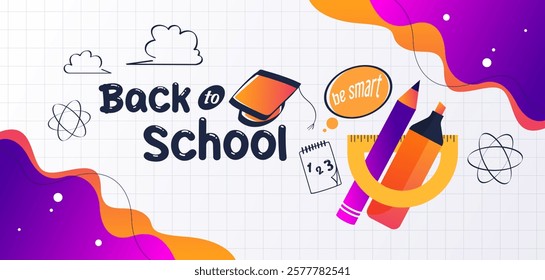 Back to school greeting design template with graduation cap elements and lineart and solid style stationery. educational background. time to go back to school