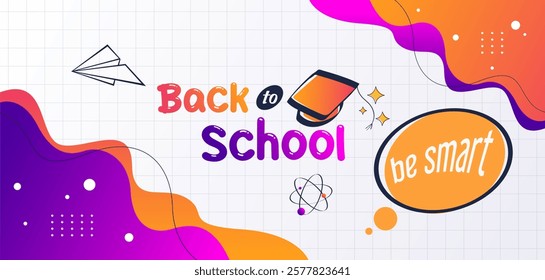 Back to school greeting design template with graduation cap elements and lineart and solid style stationery. educational background. time to go back to school