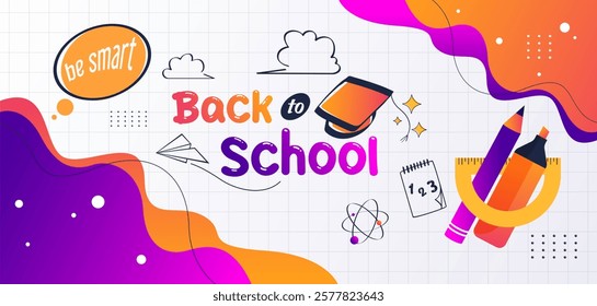 Back to school greeting design template with graduation cap elements and lineart and solid style stationery. educational background. time to go back to school