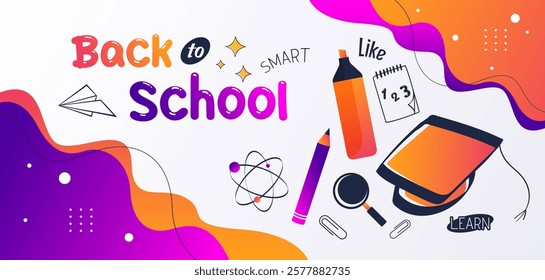 Back to school greeting design template with graduation cap elements and lineart and solid style stationery. educational background. time to go back to school