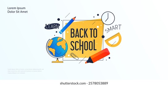 Back to school greeting design template with graduation cap elements and lineart and solid style stationery. educational background. time to go back to school