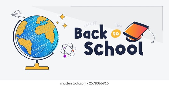 Back to school greeting design template with graduation cap elements and lineart and solid style stationery. educational background. time to go back to school