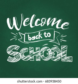 Back to school greeting on green blackboard, First day of school sale. Vector