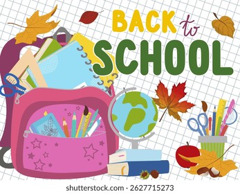 Back to school greeting poster, banner with backpack, school bag, globe, pencil. Vector illustration. Hand drawn
