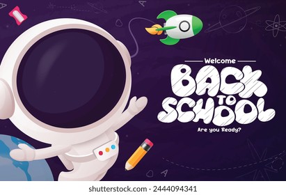 Back to school greeting vector design. School astronaut character and rocket spaceship elements in outer space concept for science educational background. Vector illustration back to school template. 