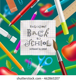 Back to school  - greeting vector illustration with hand drawn lettering and stationery items