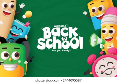 Back to school greeting vector template. Welcome back to school text with ruler, bag, books, pencil and alarm clock cartoon characters in learning chalkboard background. Vector illustration school 