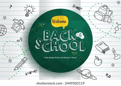 Back to school greeting vector template. Welcome back to school greeting text in green chalk board with doodle elements in paper background. Vector illustration school greeting design.
