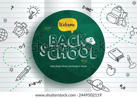 Back to school greeting vector template. Welcome back to school greeting text in green chalk board with doodle elements in paper background. Vector illustration school greeting design.
