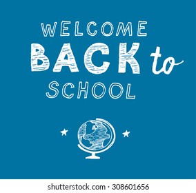 Back to school greetings on blue background and a doodle of eart globe.