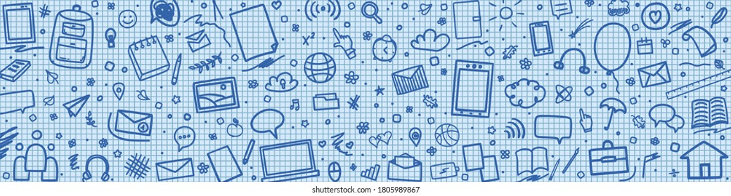 Back to school. Grid pattern with school supplies. Graphic paper background. Checkered texture