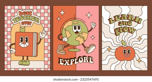 Back to school groovy a4 postcards set in retro 70s style. Psychedelic poster hippie design with retro catroon characters. School and education doodles hand drawn posters. Linear vector illustration