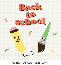 Back to school. Groovy school characters. Knowledge and education symbols in retro style. Vintage doodle stickers cute funny mascot. Social media post, emblem or square poster cartoon style vector set