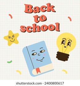 Back to school. Groovy school characters. Knowledge and education symbols in retro style. Vintage doodle stickers cute funny mascot. Social media post, emblem or square poster cartoon style vector set